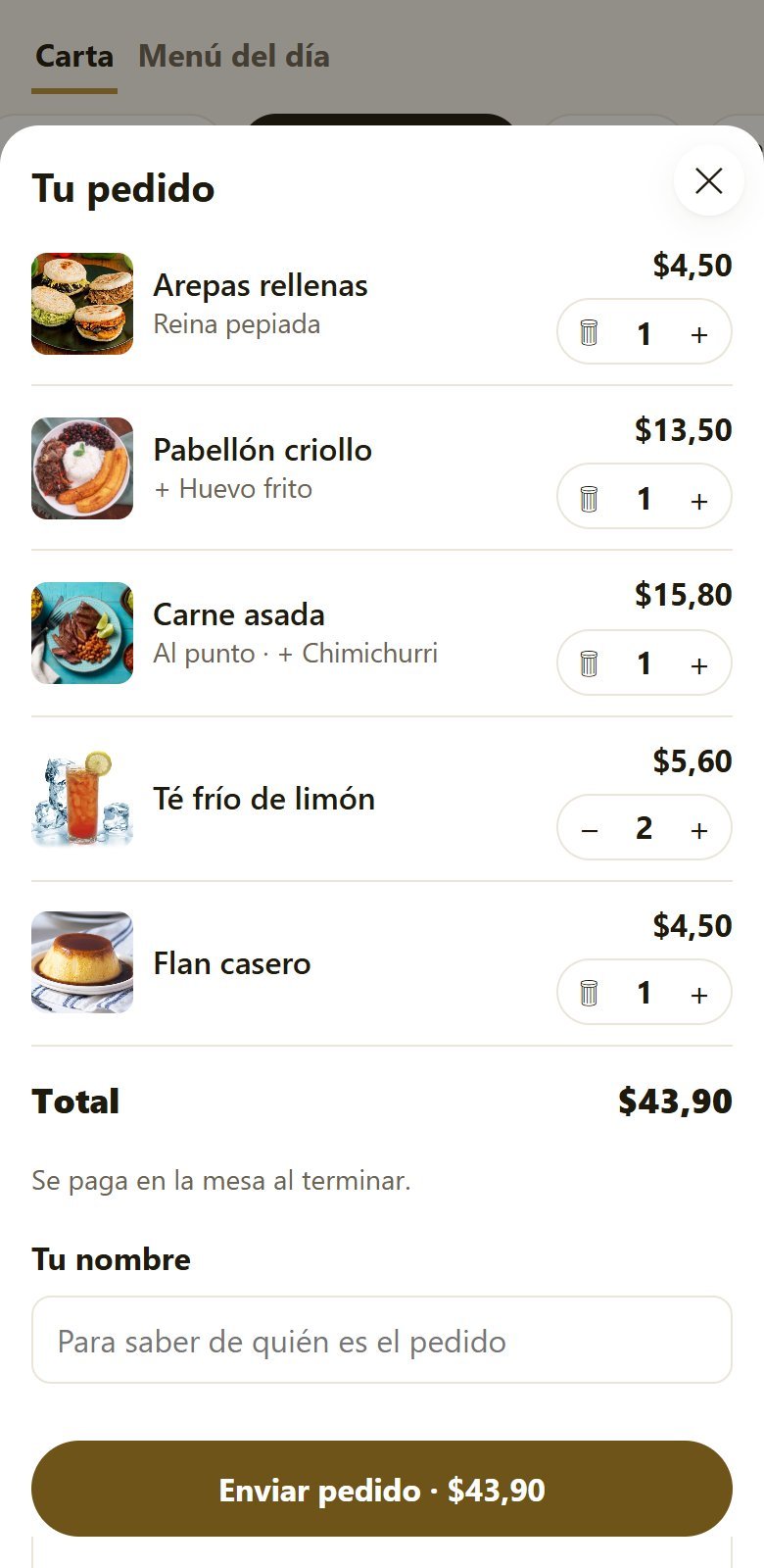 «Tu pedido» en el móvil, con la foto de cada plato